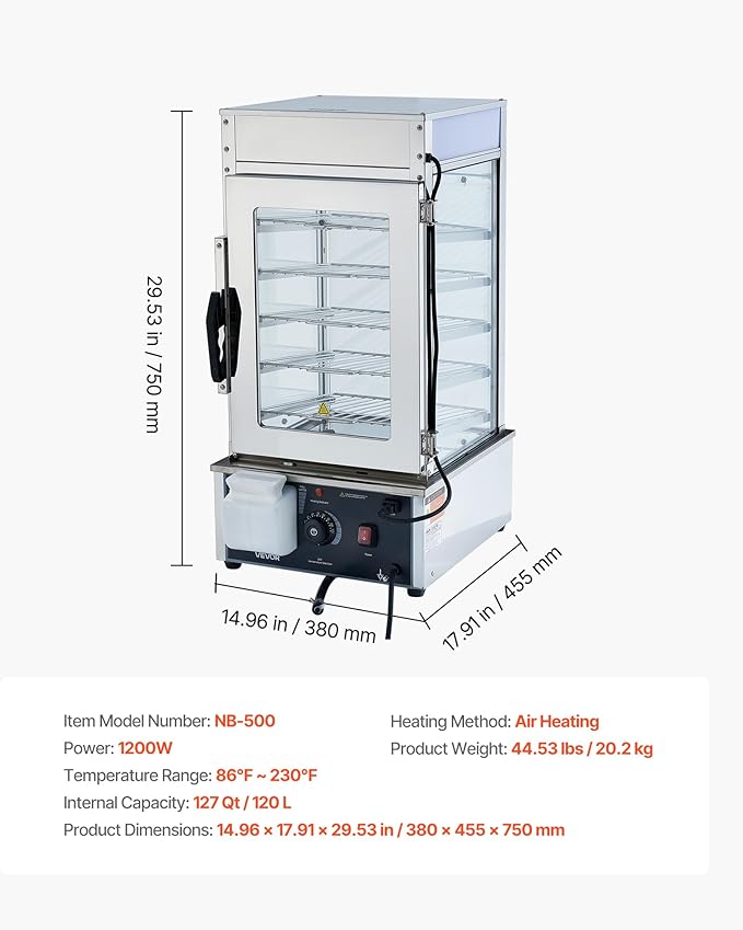 VEVOR 5-Tier Commercial Food Warmer Display, 1200W Food Display Warmer with LED Light, Adjustable Shelf & Stainless Steel Frame, 86℉~230℉ Steam Heating, 120L for Hamburger, Pizza, Bread, Fried Chicken