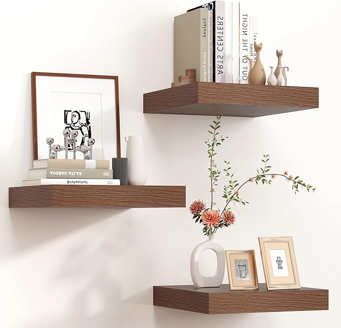 Square Floating Shelves for Wall 12"W x 12"D x 1.4"H, Small Engineered Wood Wall Shelves with Invisible Brackets for Living Room Bedroom Bathroom Office Kitchen Storage Decor, Walnut Finish, Set of 3