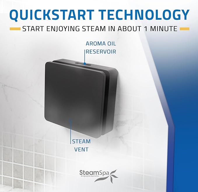 SteamSpa Steam System 9kW Steam Shower Generator with Bluetooth Wifi, Quickstart Continous Steam, Advanced Touch Pad Screen, Chroma Lights, Drain Pan and Auto Drain Black RVBS900BK-A