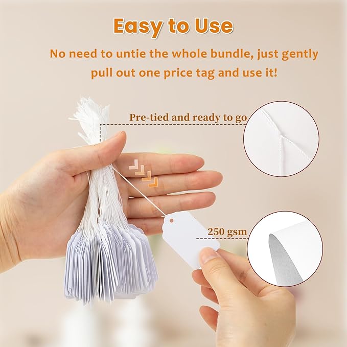 2000 PCS White Price Tags, 1.75 x 1.1 Inches, Goefun Gift Tags with String Attached for Labeling, Hanging, Clothing, Jewelry, Garage/Yard Sale, Inventory, 250 GSM