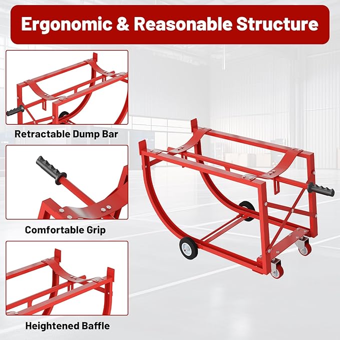 55 Gallon Drum Cradle, 600 lbs Capacity Steel Drum Dolly with Wheels, Drum Rack with Retractable Dump Bar, Movable Drum Handling Cradle for Factory, Workshop, Garage, Warehouse, Red