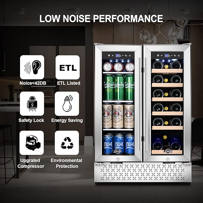 Tylza Wine and Beverage Refrigerator, 24 Inch Dual Zone Wine Fridge, Holds 18 Bottles and 88 Cans, French Doors, Lock, Under-counter or Freestanding Wine Cooler, Beverage Fridge with Tempered Glass