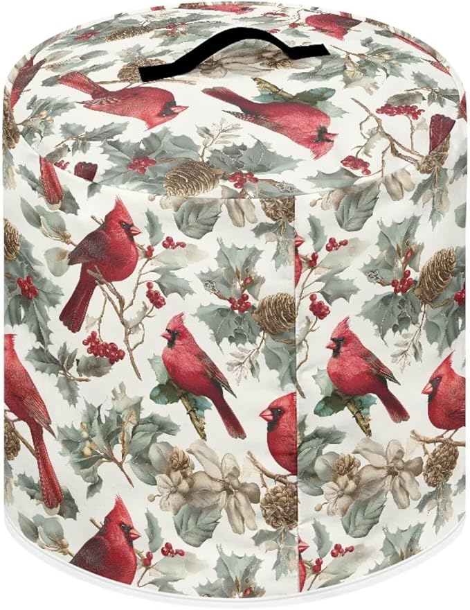 6 Quart Pressure Cooker Dust & Stains Protector Cover Round Bag with Top Handle and Storage Pocket Kitchen Appliance Decoration Christmas Cardinal Bird Print