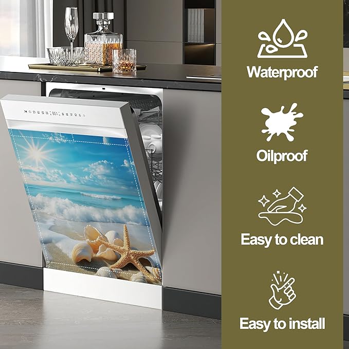 Beach Starfish Seashell Magnetic Dishwasher Cover,Ocean Sea Dishwasher Covers for The Front Magnetic Dishwasher Panel Decal Cover for Kitchen 23x26inch