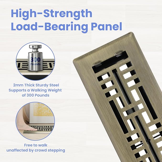 2x12 Inches Heavy Duty Walkable Floor Register Easy Adjust Air Supply Lever Floor Vents - Seattle Design - Vent Cover for Home Floor - Antique Brass