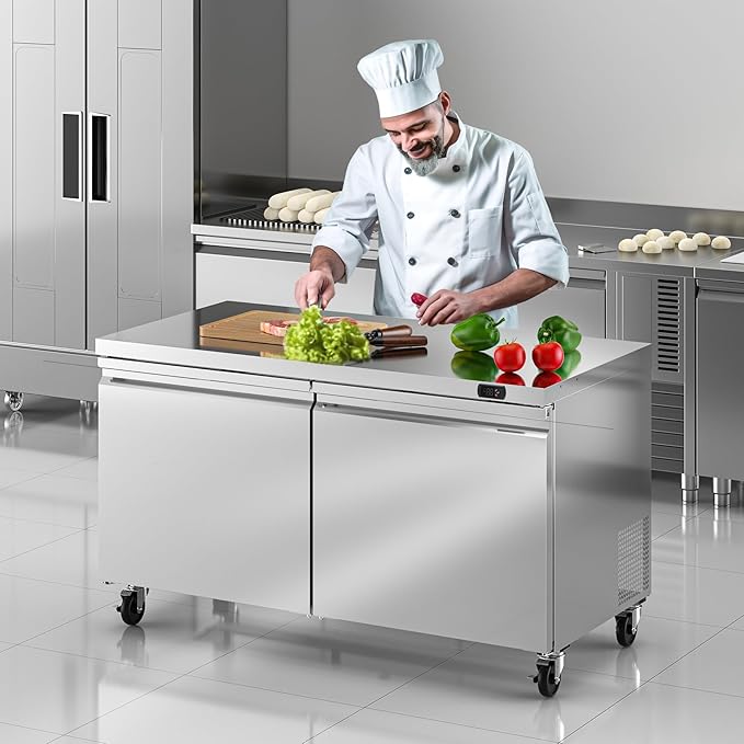 60" W Commercial Undercounter Freezer, 14.1 Cu.ft 2 Door Worktop Under Counter Freezer, Stainless Steel Commercial Kitchen Freezing Equipment for Restaurant, Bar, Shop, etc.