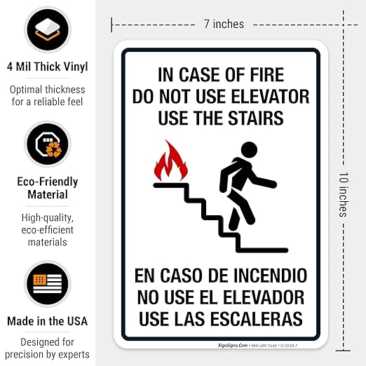 in Case of Fire Do Not Use Elevator Use The Stairs Bilingual Sign, Fire Safety Sign, 10x7 Inches, 4 Mil Vinyl Decal Stickers Weather Resistant UV Protected, Made in USA