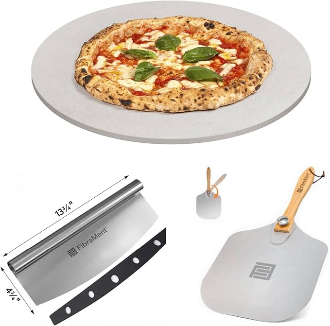 FibraMent-D Premium 3-Piece Pizza Stone Set Perfect for Home Ovens - 13-5/8" Round Pizza Stone, Peel & Rocker Pizza Cutter, Durable Baking Stone for Bread, Pastries Ranked 'BEST OVERALL PIZZA STONE'