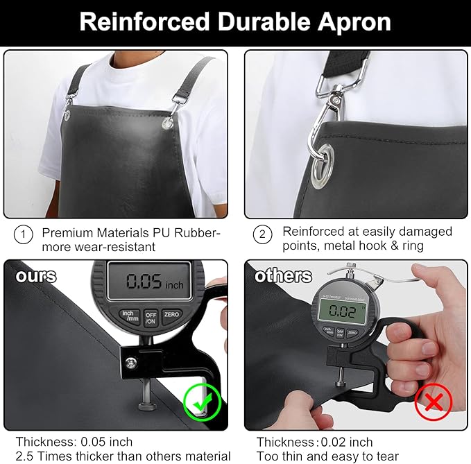 Waterproof Rubber Apron, 48" XL Anti-Tear Heavy Duty Vinyl Adjustable Thicker Cross Back for Restaurant Dishwashing, Butcher, Lab Work, Dog Grooming - Black