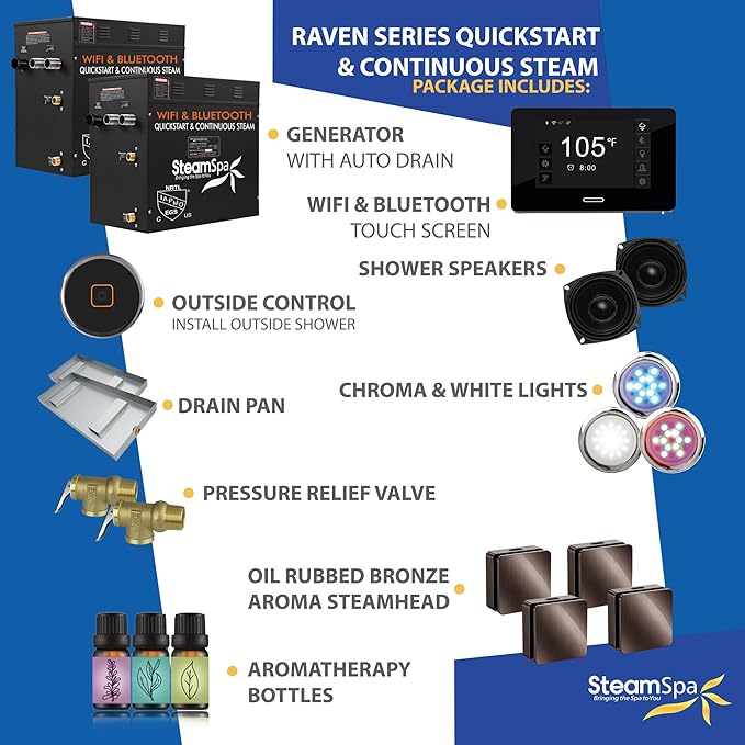 SteamSpa Steam System 24kW Steam Shower Generator with Bluetooth Wifi, Quickstart Continous Steam, Advanced Touch Pad Screen, Chroma Lights, Drain Pan and Auto Drain Oil Rubbed Bronze RVBS2400ORB-A