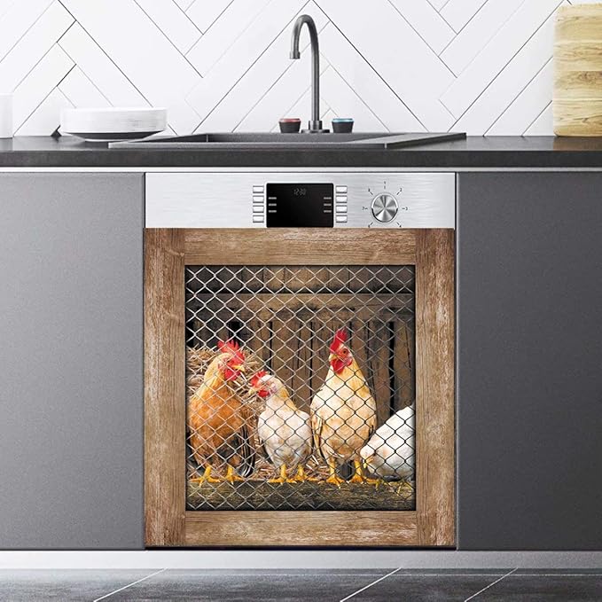Awak Kitchen Decor Rooster Dishwasher Sticker Magnet Cover,Country Chicken Fridge Door Panels,Farmhouse Hen Refrigerator Magnetic Decals for Home Appliances,Easy To Trim 23 inchx26 inch