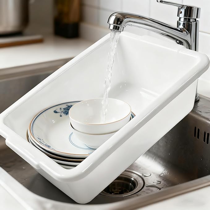 2 Pack Plastic Dish Pans, 12 Quarts White Rectangle Dishpan Basins, Large Capacity Wash Basin Tub with Handles for Kitchen Sink, Bathroom Washing, Soaking and Storage Supplies