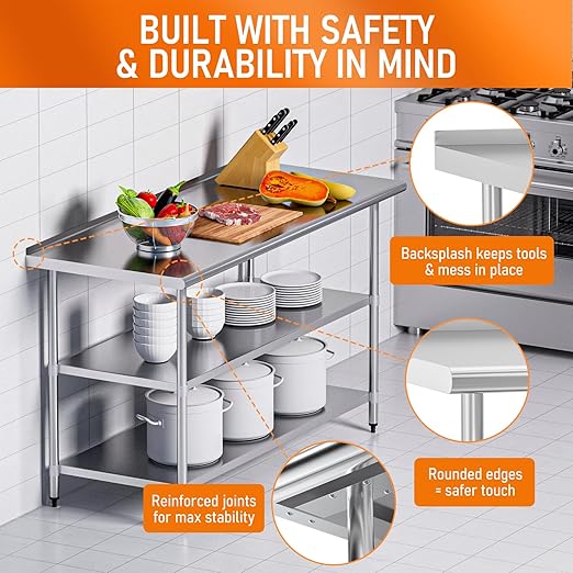 Stainless Steel Table 24" x 60" with 2 Adjustable Undershelves and Backsplash, Commercial Metal Workstations for Kitchen, Garage, Outdoor BBQ