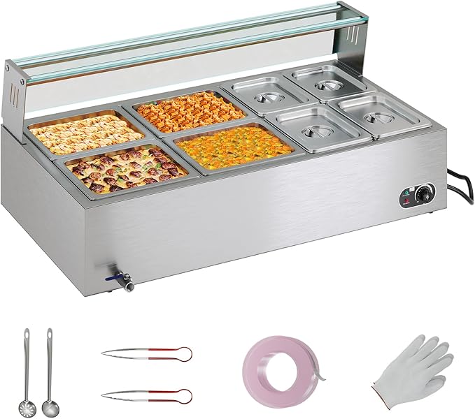 Jocisland 8-Pan 72QT Commercial Food Warmer, 1500W, Stainless Steel with Glass Lid & Food Tongs, 86-185°F Adjustable Heat for Catering and Restaurants, 110v