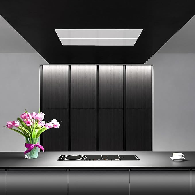 Futuro Futuro IS36SAVONA-WHT Ceiling Mount Range Hood, White, 36x23.6x11 inch, LED Lighting, 4-Speed, 940 CFM, White Glass, 0.5-3.2 Sones, Remote Control