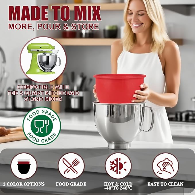 GuanQiao Silicone Bowl Liners for 5 Qt KitchenAid Mixers, 3 Liners with Lids