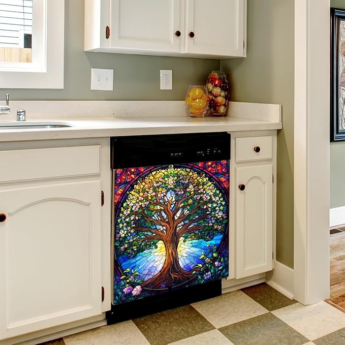 Tree of Life Colorful Dishwasher Magnet Cover Front Dishwasher Cover Decor Reusable Magnetic Door Cover Panel Decal Home Appliances Stickers Kitchen Refrigerator Fridge 23"x26"