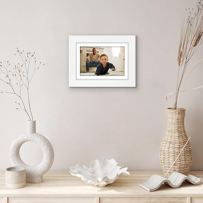 Americanflat 5x7 Picture Frame with Shatter-Resistant Glass - Use as 4x6 Frame with Mat or Display 5x7 Photo Without Mat - Signature Collection - Picture Frames for Tabletop and Wall Display - White