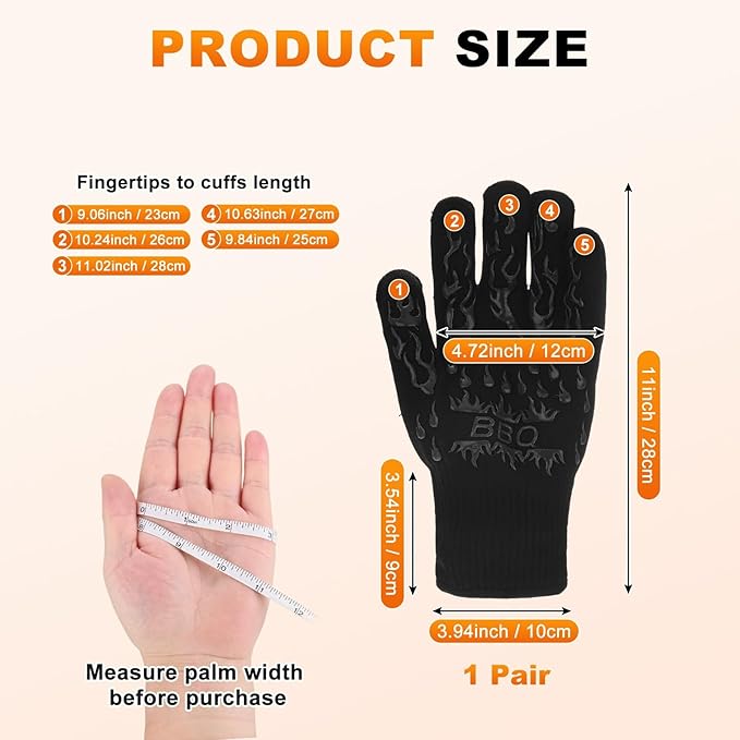 1-Pair BBQ Gloves, 1472°F Heat Resistant Non-Slip Grilling Oven Gloves for Barbecue/Baking/Cooking [S Size, Black]