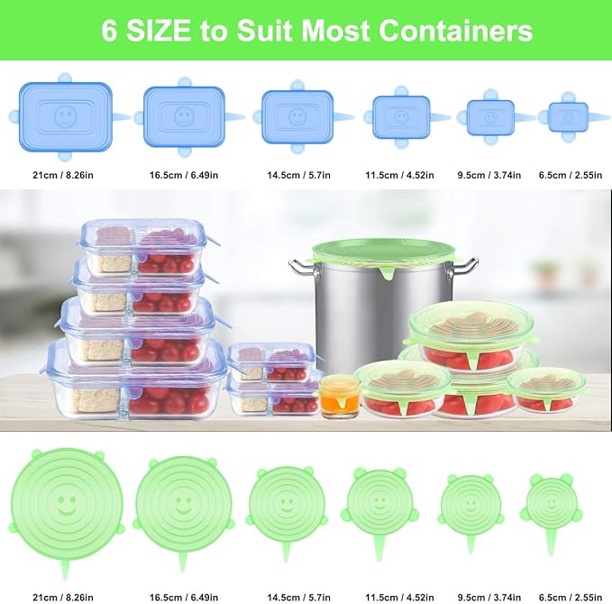 Silicone Stretch Lids for Food Storage in Fridge, 12 Pack Silicone Lids, Reusable Food Grade Silicone Bowl Covers for Cups, Bowls and Dish, 6 Sizes Round and Rectangle Shape