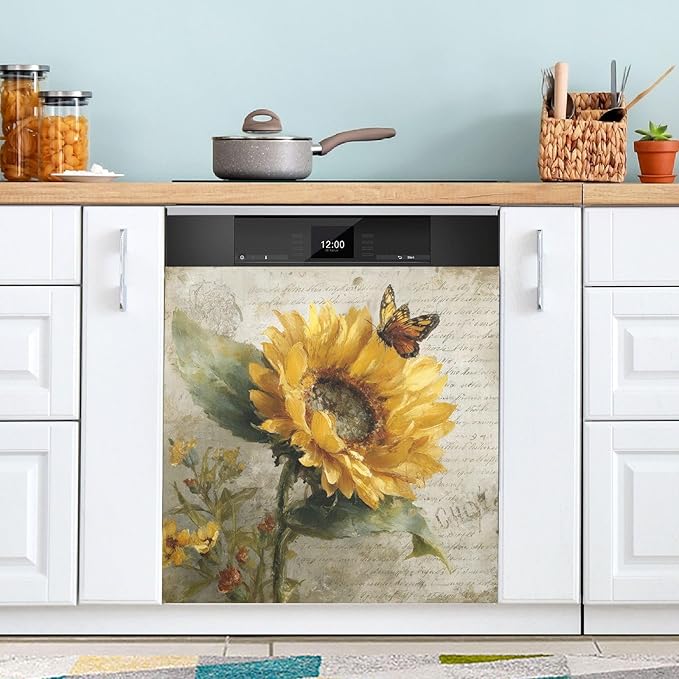Floral Fall Sunflower Yellow Dishwasher Magnet Cover for Front Panel Magnetic Dishwasher Cover Decorative Refrigerator Magnet Covers Dishwashers Magnetic Sticker for Home Kitchen Decor, 23" x 26"