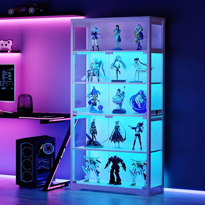 70.8" H Glass Display Cabinet - 5-Tier Curio Cabinet with RGB LED Lights for Collectibles - Large Glass Display Case with Human Body Sensor for Bedroom Living Room Office - White