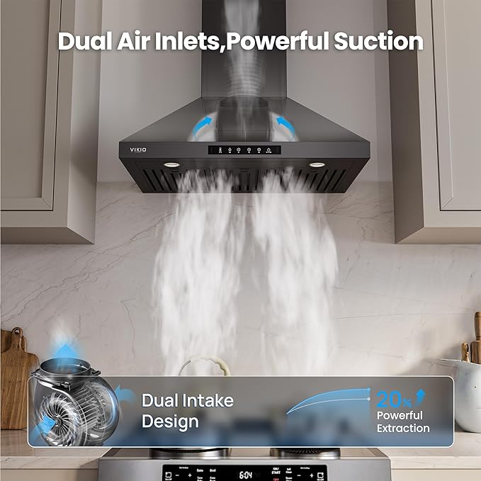 Wall Mount 30 Inch Range Hood 900 CFM, Ductless/Ducted Convertible, 3-speed Gesture Sensing & Touch Control, Black Painted Stainless Steel Kitchen Vent Hood with Permanent Baffle Filters