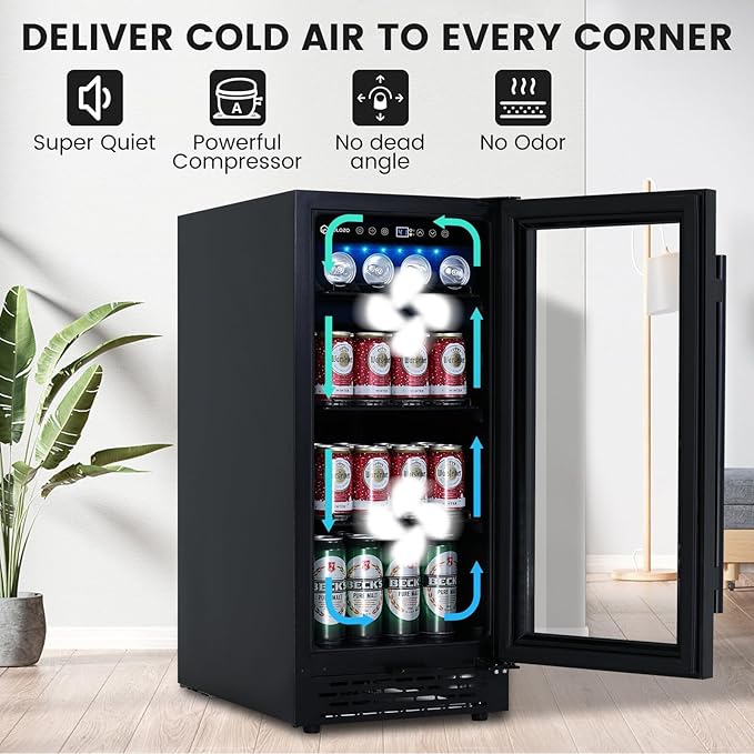 15 Inch Black Beverage Refrigerator Under Counter, 130 Cans Built-in/Freestanding Beverage Cooler, Mini Bar Fridge with Double Tempered Glass Door&Lock, Beverage Fridge for Drink Beer Soda Wine