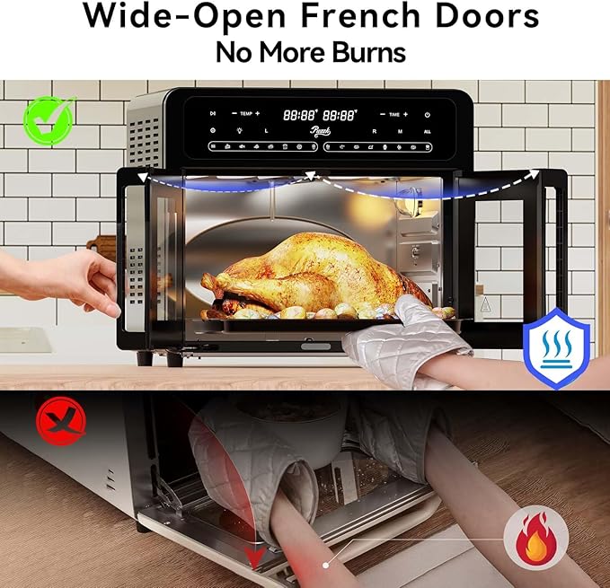 25.4QT Dual Zone Air Fryer Toaster Oven Combo, French Glass Door, XL Capacity, 100-430°F Temperature Range, 16 Preset Functions, LED Display, Dual Fan, 360° Heat Circulation