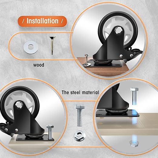 Casters, 4" Caster Wheels，Casters Set of 8 Heavy Duty - ASRINIEY Black Polyurethane Castors, Top Plate Swivel Wheels, 8-Pack Industrial Casters with Brake, Locking Casters for Furniture and Workbench