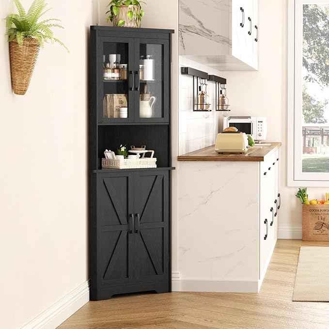 67''H Black Tall Farmhouse Corner Storage Cabinet with 4 Tempered Glass Doors and Barn Doors, Narrow Bathroom Cabinet with 5 Adjustable Shelves, Corner Hutch for Kitchen, Dining Living Room