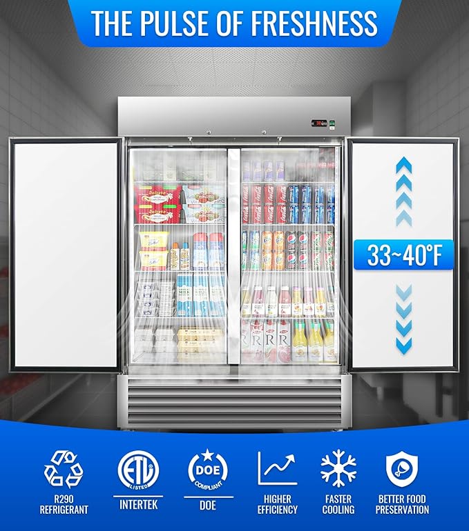 54" W Commercial Refrigerator, 49.6 Cu.ft Reach-In Double Door Stainless Steel commercial fridge, 6 Shelves, Fan Cooling, Auto Defrost, Digital Thermostat - Ideal for Restaurant, Bar, Cafe, Shop