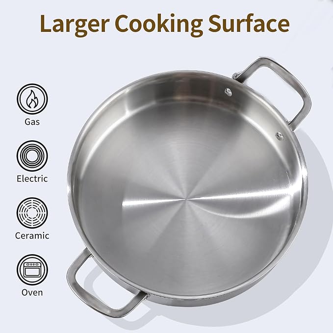 DELARLO Tri-Ply Stainless Steel 7 Quart Braiser Pan with Lid Induction Rondeau Pot With Lid 12inch Deep Frying Pan Large Saute Pan Heavy Duty Style Compatible With All Cooktops Up to 650℉