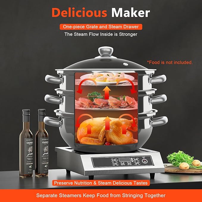 3-Tier Stainless Steel Steamer Pot for Cooking, 11"L Food Steam Pots with Transparent Lid & Rivets Handles, Multi-functions Kitchen Cookware for Cooking, Steaming and Boiling