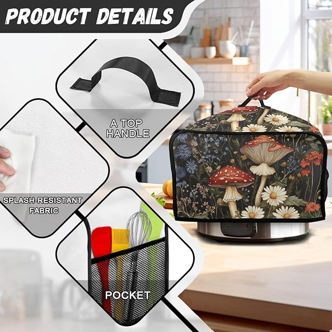 Fashion Mushroom Slow Cooker Cover Pink Flower Slow Cooker Cover Holder Fits for Most 6-8 Quart Oval Slow Cooker Accessories with Handle and Pocket