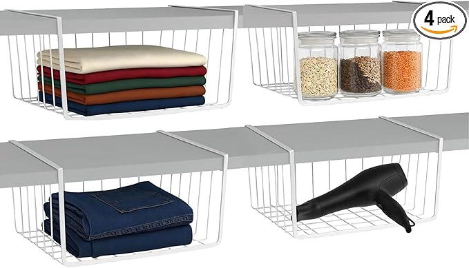 Modern Home Under Shelf Wire Storage Baskets – Hanging Organizer Rack for Cabinet, Pantry, or Closet – White Metal Basket for Kitchen, Towels, or Office – No Tools Required (Set of 4 11")