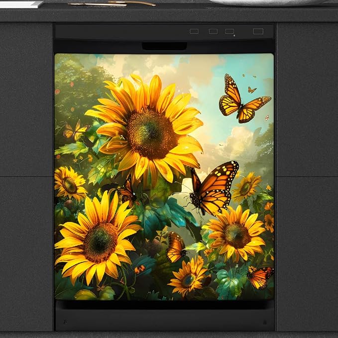 Sunflower Butterfly Dishwasher Magnet Cover Flower Animal Sunflower Dishwasher Decorative Cover Front Dishwasher Door Cover Reuseable Dishwasher Cover Panel Decal for Kitchen Home Appliances 23" X 26"