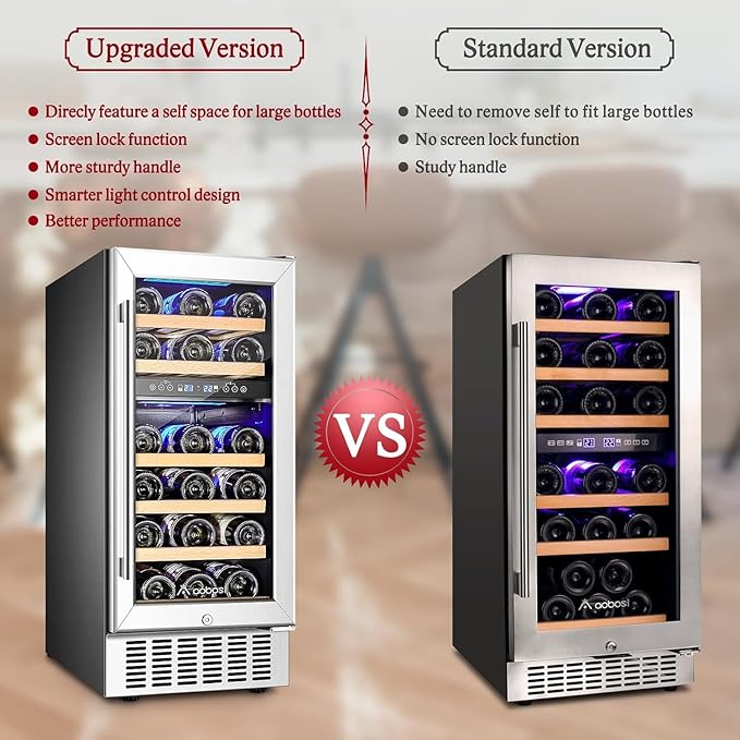 AAOBOSI 15 Inch Wine Cooler Refrigerator, 28 Bottles Dual Zone Wine Fridge with Double-Layer Glass Door and Temperature Memory Function,Built-in or Freestanding