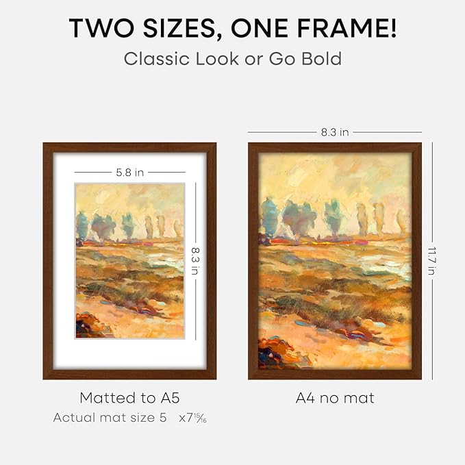 Homeforia A4 Picture Frame Brown Wood, High-End Dark Oak 8.3 x 11.7 Poster Walnut Frames Matted to 5.8 by 8.3 inch Photo, A4 Size Wooden Frame with Mat for A5 Print, Tempered Glass, Wall Kit, Set of 3