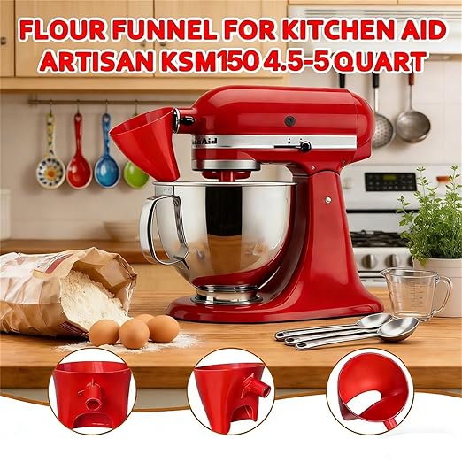 Flour Funnel for Kitchen Aid Mixer, Stand Mixer Attachment, Easy Pour No-Mess Attachment, Anti-Splash Accessory, Durable Dishwasher-Safe Baking Tool (White)