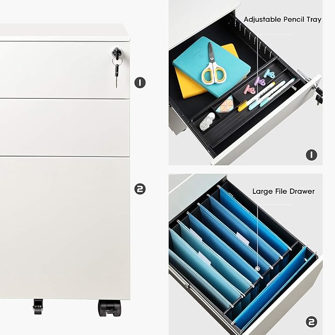 DEVAISE 3 Drawer Rolling File Cabinet, Locking Filing Cabinet for Home Office, Fully Assembled Under Desk Cabinet, White