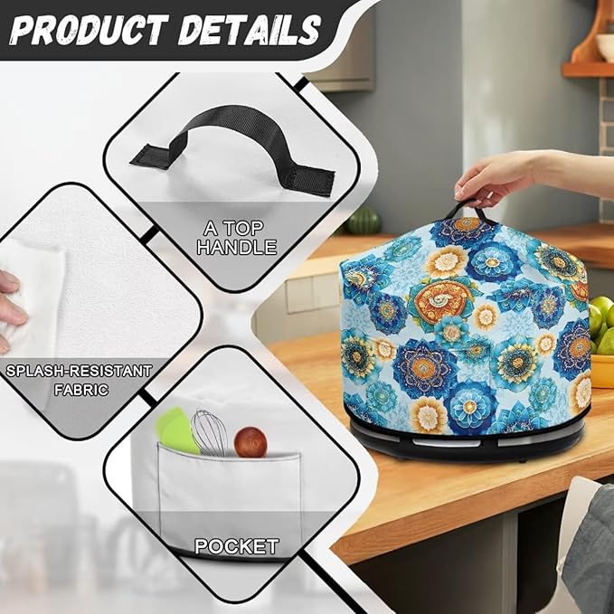 Boho Mandala Floral Blue Print Slow Cookers Dust Cover Fit Most 6/7/8 Quart Crock Pot Stain Resistant Air Fryer Cover with Accessory Pocket and Handle Washable