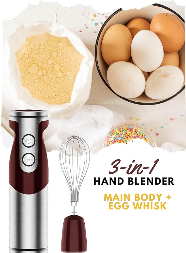 MegaWise Pro Titanium Reinforced 3-in-1 Immersion Corded Hand Blender, Powerful MOTOR with 80% Sharper Blades, 12-Speed Corded Blender, IncludingWhisk and Milk Frother (3-in 1 Red)