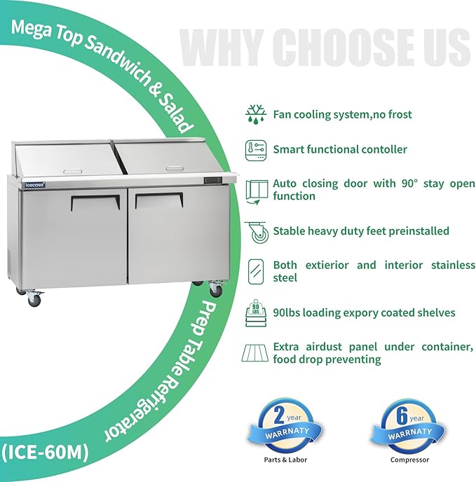 ICECASA 60" W Commercial Refrigerator Sandwich&Salad Prep Table Mega Top 2 Door Stainless Steel Counter Fan Cooling Refrigerator with 24 pans-60 Inches for Restaurant, Bar, Shop, etc