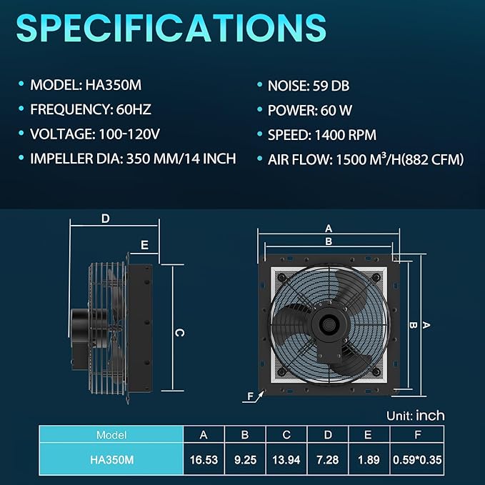 HG Power 14 Inch Shutter Exhaust Fan with Speed Controller, 882CFM High-Speed Vent Fan, 1400RPM Wall Mounted Attic Fan with Steel for Shed, Garage, Greenhouse Ventilation, Black