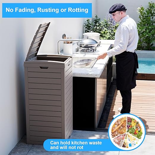 Outdoor Trash Can with Lid, Outdoor Trash Bin & Pull-Out Liquid Drawer, Dual Lid Closure Design, Waterproof Resin Garbage Can Container for Patio, Backyard, Deck (Grey, 38 Gallon)