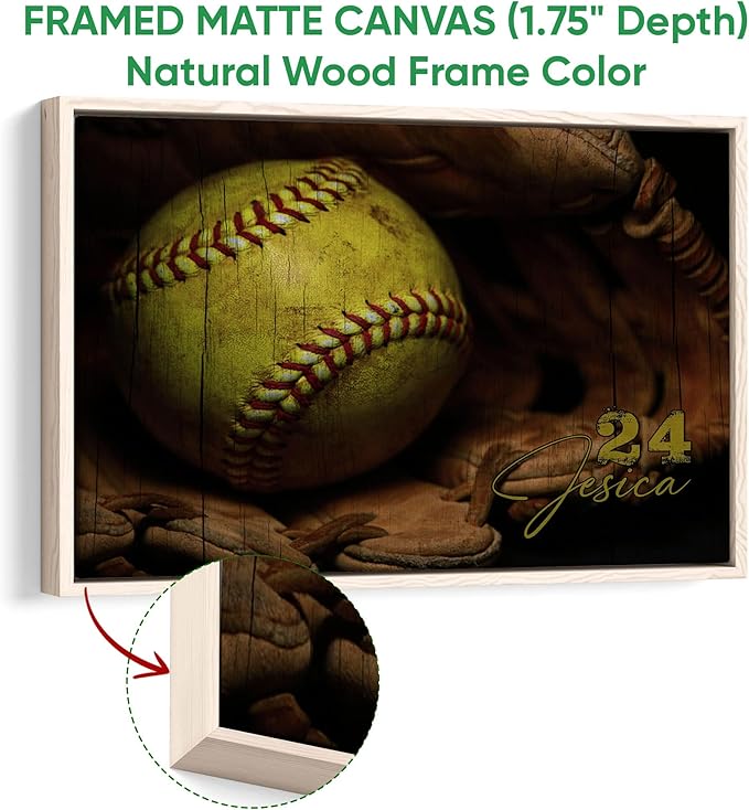 Personalized Softball Poster & Framed Canvas - Softball And Gloves Vintage Home Office Decor, Custom Name Number Bedroom Living Room Aesthetic Wall Art Gift For Daughter, Softball Player