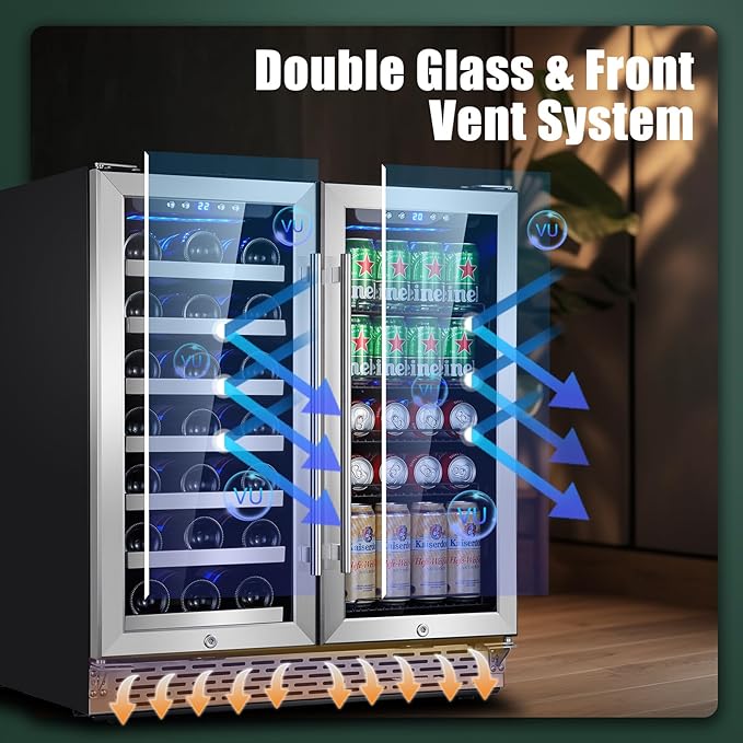 Phiestina Wine and Beverage Refrigerator, 30 inch Dual Zone Wine Fridge with Glass Door 33 Bottles & 100Cans, Built-in or Freestanding Beer Drink Wine Cooler with Blue LED Light