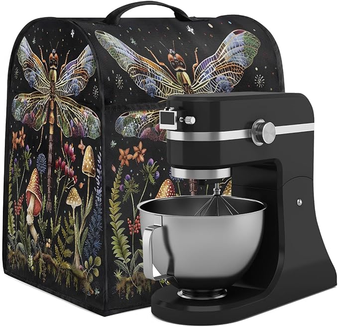 Kitchen Aid Mixer Cover Animal Dragonfly Flower Stand Mixer Cover Compatible with 6-8 Quarts Stand Mixers, Dust Covers with Zipper Pocket Foldable Washable Kitchen Aid Organizer Bag