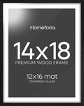 Homeforia 14x18 Picture Frame Black Wood, High End Oak 14x18 Poster Frames with Mat 12x16 Photo, 14 x 18 Wooden Frame Matted to 12 by 16 Print, 18x14 Hanging Frames, Tempered Glass, Wall Kit, Set of 1